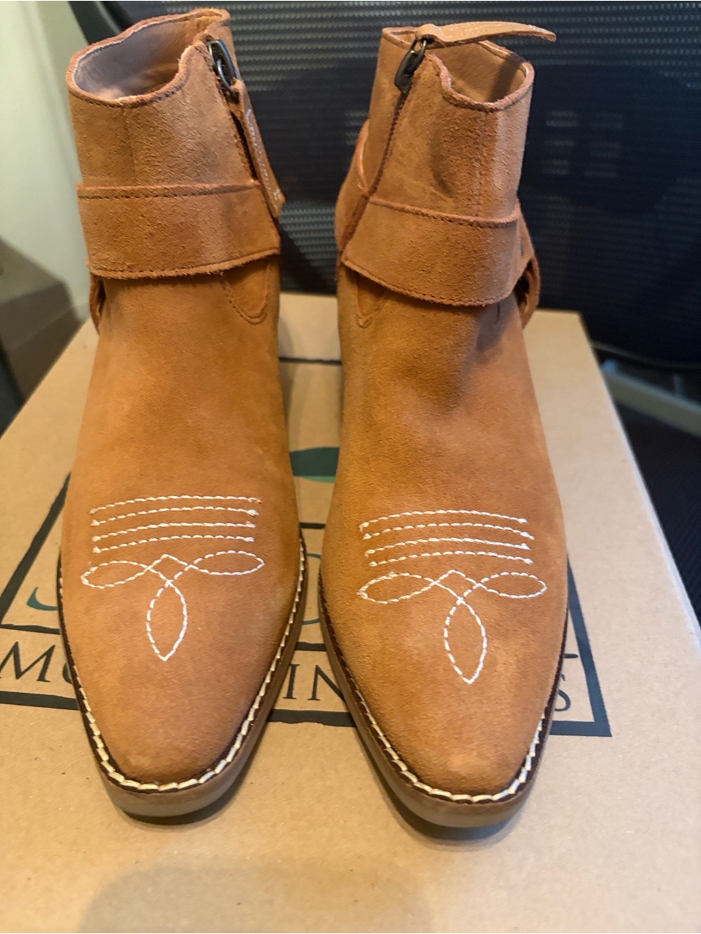 Suede Western-Style Ankle Booties in Tan